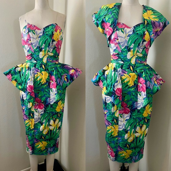 Vintage Karen Alexander Rhonda Harness  Floral Strapless Dress Peplum Sz 10 - Picture 1 of 13